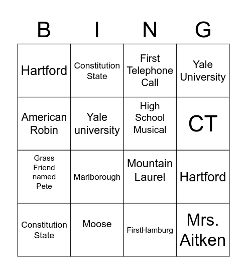 All about Connecticut  and Alex Bingo Card