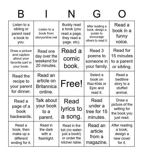 Reading Bingo Card