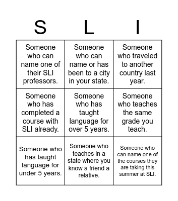 Summer Language Institute Bingo Card