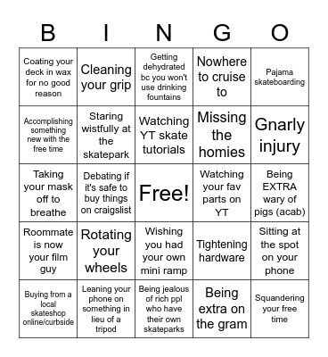 Covid sk8er Bingo Card