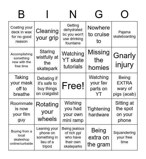 Covid sk8er Bingo Card