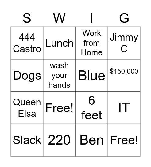 SWIG BINGO GAME! Bingo Card