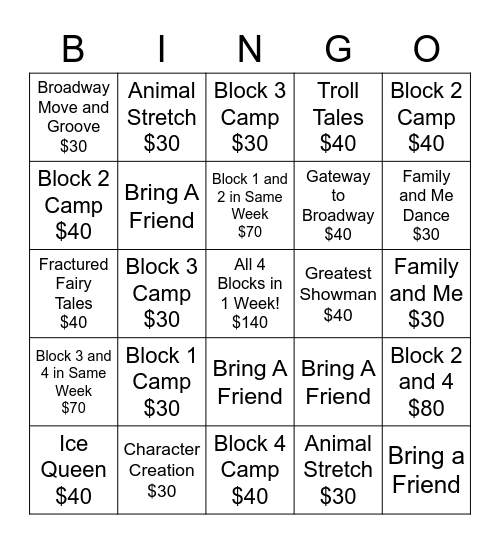 Minis Virtual Camp Bingo Card