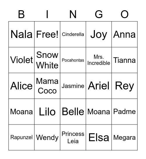 Disney Heroines Bingo Card