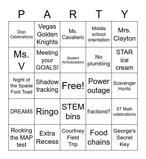 Thorpe 5th Grade Celebration Bingo Card