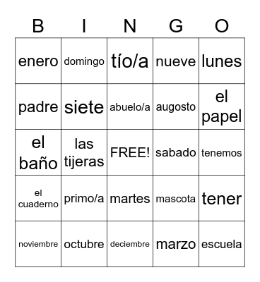 Spanish Bingo Card