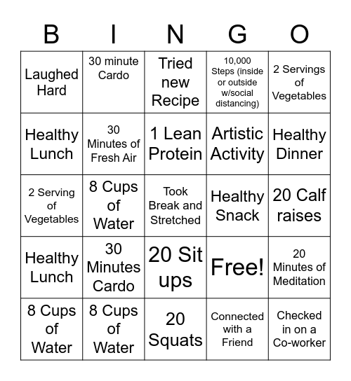 Wellness Fitness Bingo Card