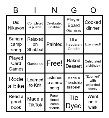 Activities BINGO Card