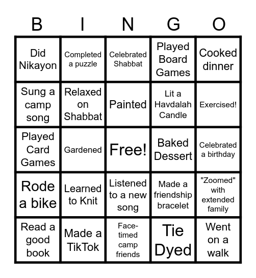 Activities BINGO Card