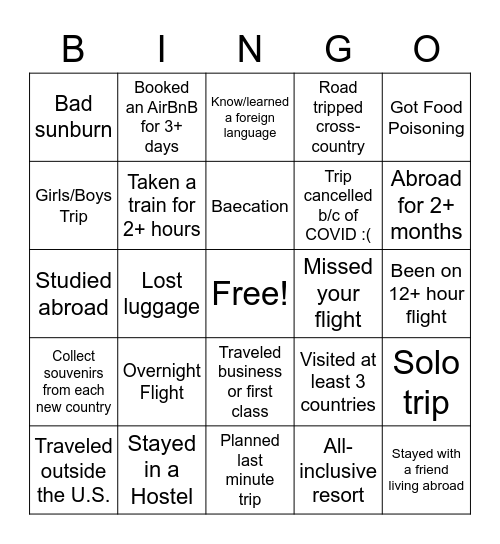 Traveler Bingo Card