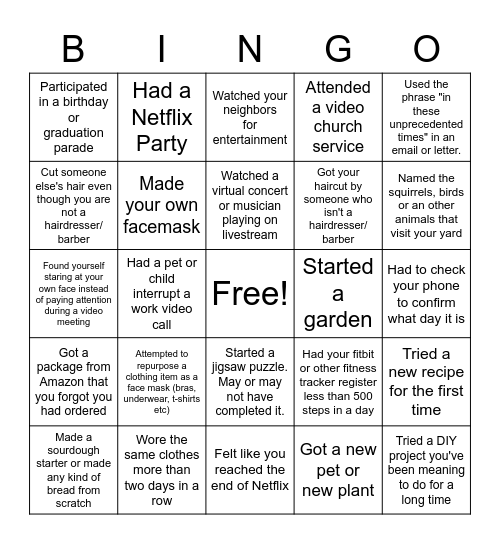 Casa Quarantine Bingo Card