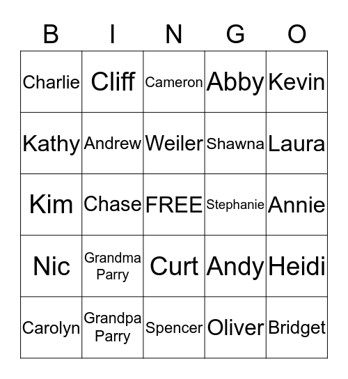 Parry Family Bingo Card