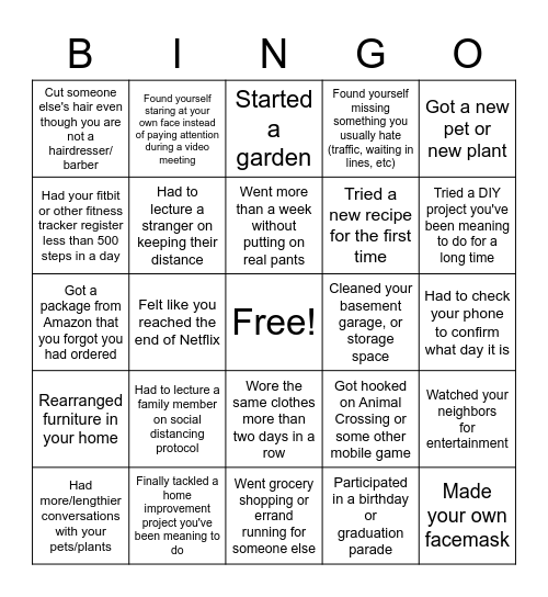 Casa Quarantine Bingo Card