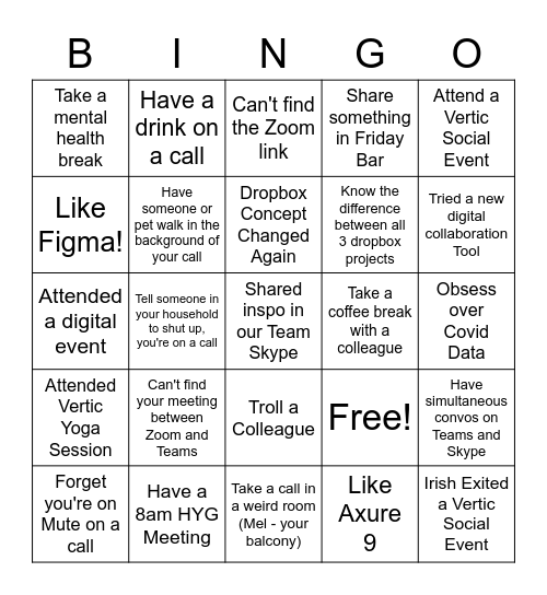 Creative Team Quarantine Bingo Card