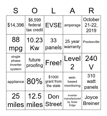 Solar Bingo Card