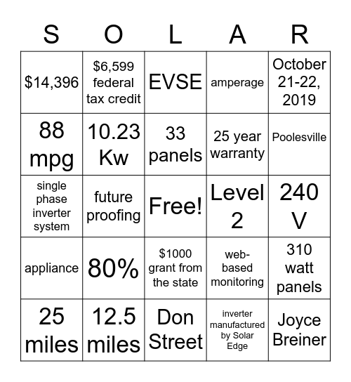 Solar Bingo Card