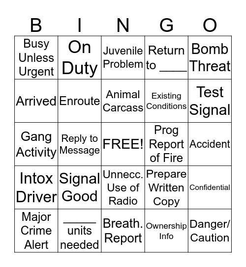 TEN CODE BINGO Card