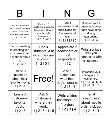 Customer Connection Bingo Card