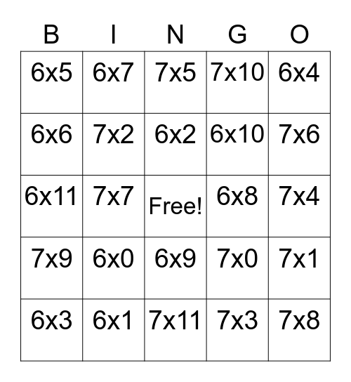 Multiplication 6,7 Bingo Card