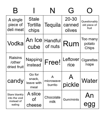 Quarantine Snack Bingo Card