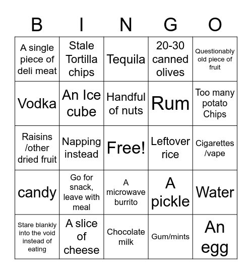 Quarantine Snack Bingo Card