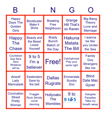 Movies Tv and Game shows Bingo Card