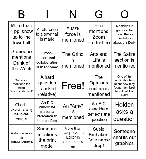 Stanford Daily Grill Session Bingo Card