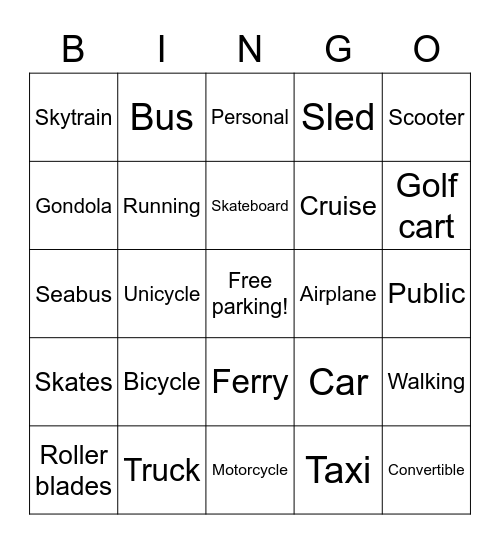 Transportation Bingo Card