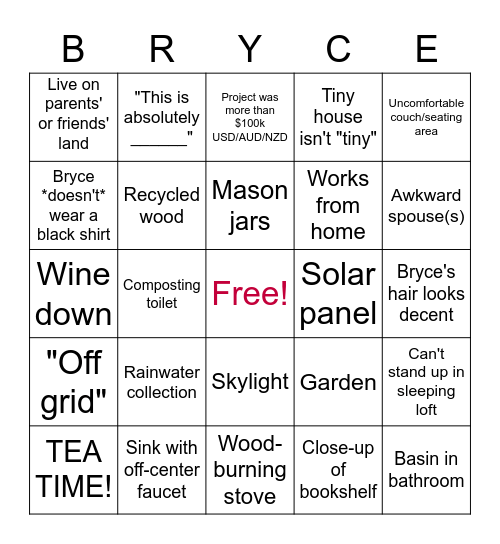 Living Big in a Tiny House Bingo Card