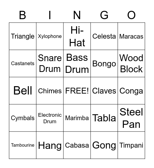Percussion Bingo Card