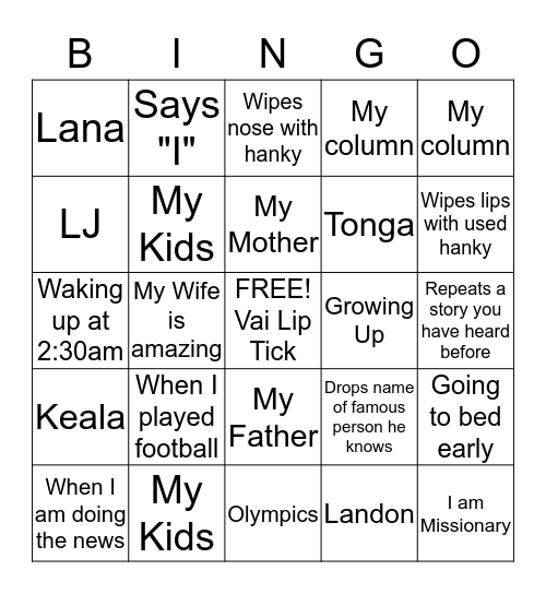 Uncle Vai Bingo Card