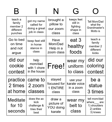 Karate BINGO Card