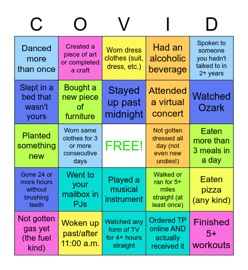 Quarantine 2020 Bingo (COVID Edition) Bingo Card