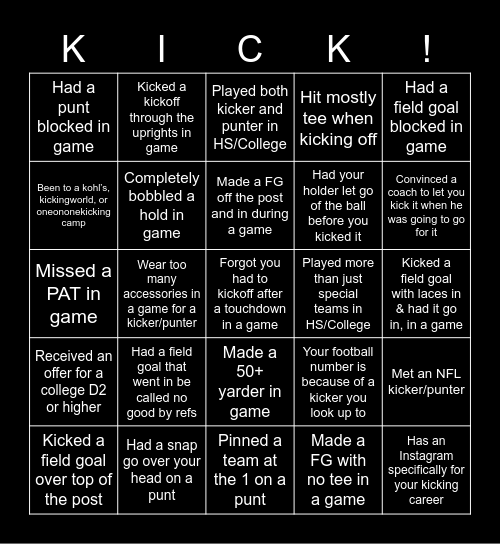 Kicker & Punter Bingo 2 Bingo Card
