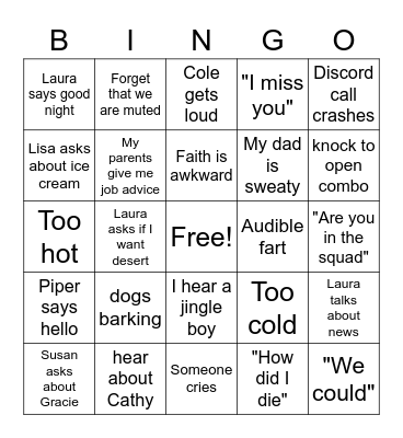 Family Fun Times Bingo Card