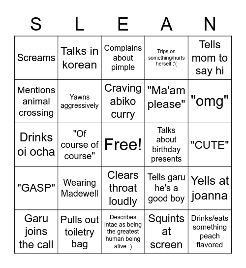 Slean Bingo Card