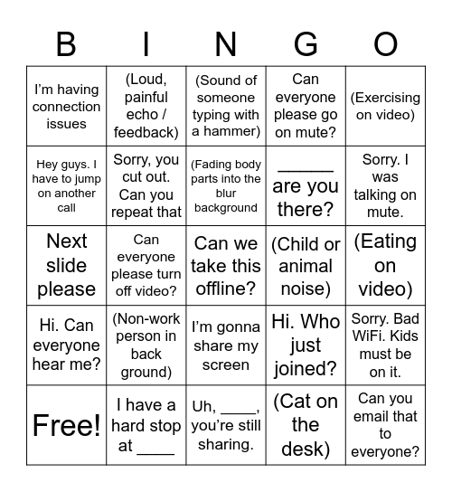 Virtual Meeting Bingo Card