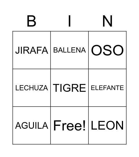 ANIMALES SALVAJES Bingo Card