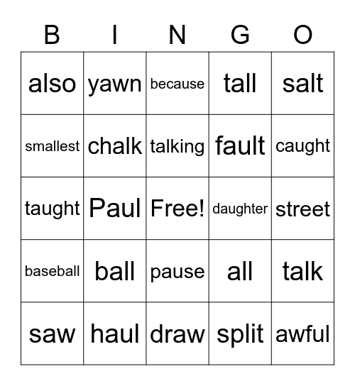 Phonics a, aw, au, augh, al Bingo Card