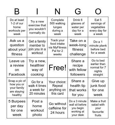 Health and Wellbeing Bingo Card