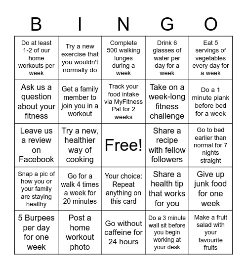 Health and Wellbeing Bingo Card