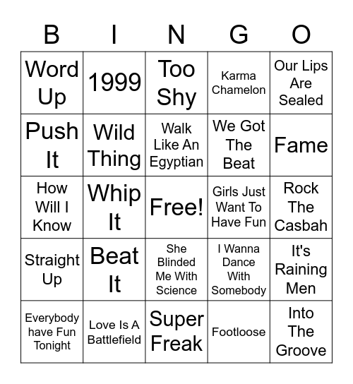 80s Dance Bingo Card