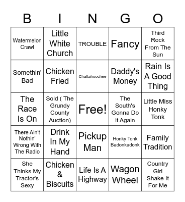 Country Party Bingo Card