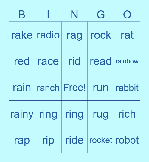 Initial R word Bingo Card