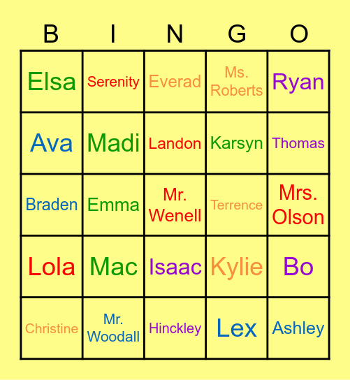 Olson Class Bingo Card