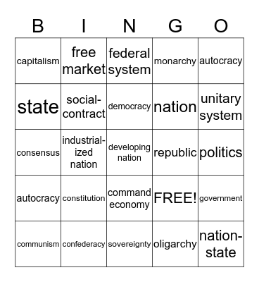 Civics - Chapter 1 - Bingo Card