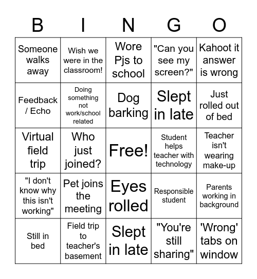 Virtual Classroom Bingo Card