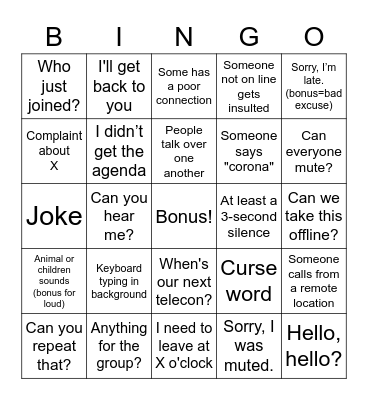 Telecon Bingo Card