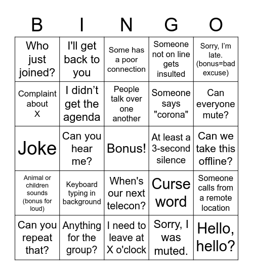 Telecon Bingo Card