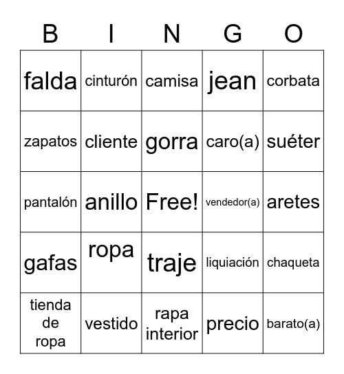 Vocabulario Bingo Card